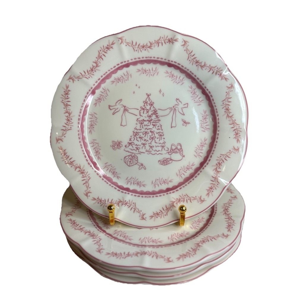 Monterey Bay Porcelain Christmas Salad Plates 8.5in‎ Pink & White NEW